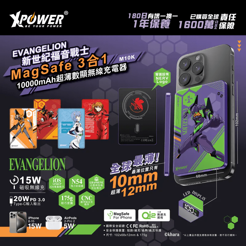 XPower《EVA新世紀福音戰士》MagSafe 3合1 10000mAh超薄數顯無線充電器 - Microworks ACG