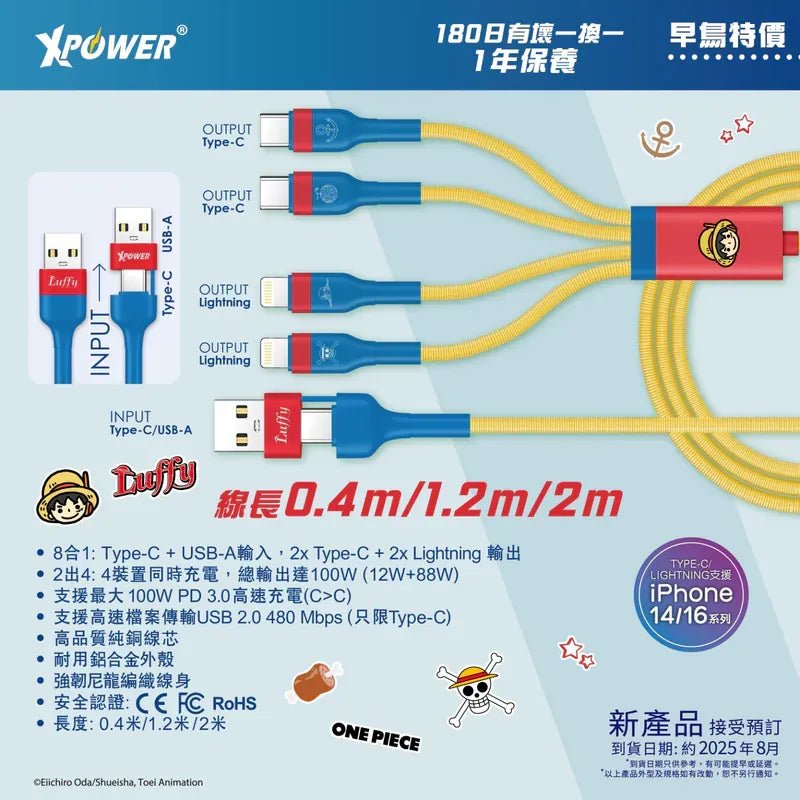 XPower《海賊王》BC24 8合1 2出4 100W PD3.0鋁合金傳輸高速充電線 - Microworks ACG